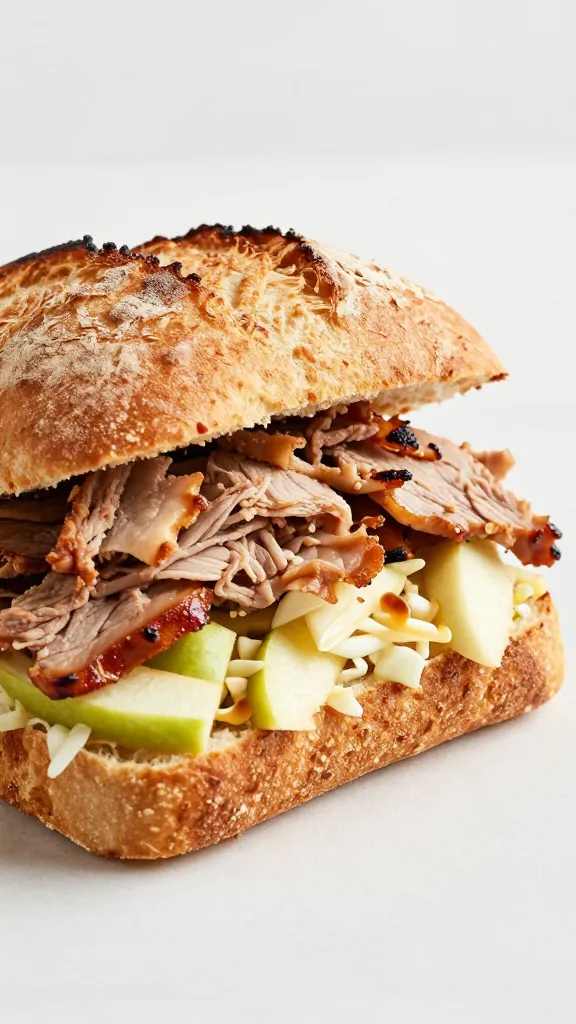 sliced pork sandwich with apple slaw on sourdough