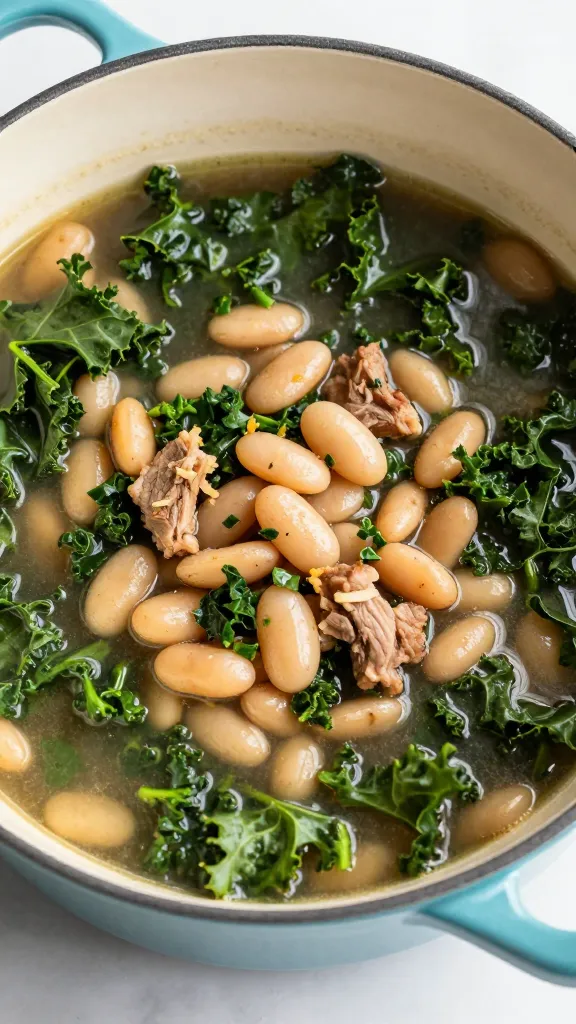 pork and white bean soup with kale in enamel pot