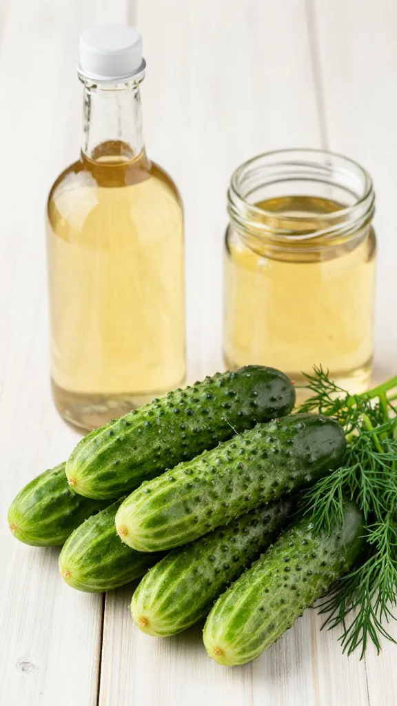 fresh garden cucumbers beside vinegar, dill, and jar