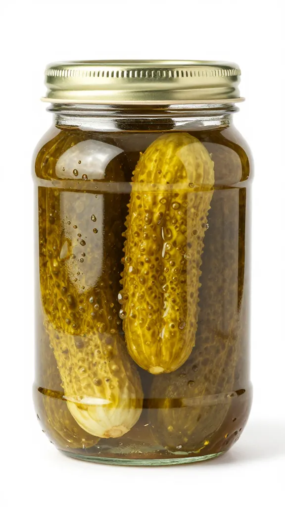 crispy refrigerator pickles in clear jar on white background