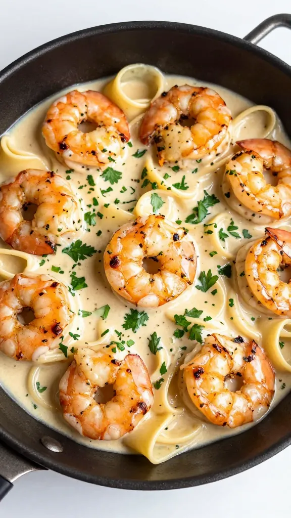 BBQ shrimp pasta in skillet, creamy sauce, parsley garnish