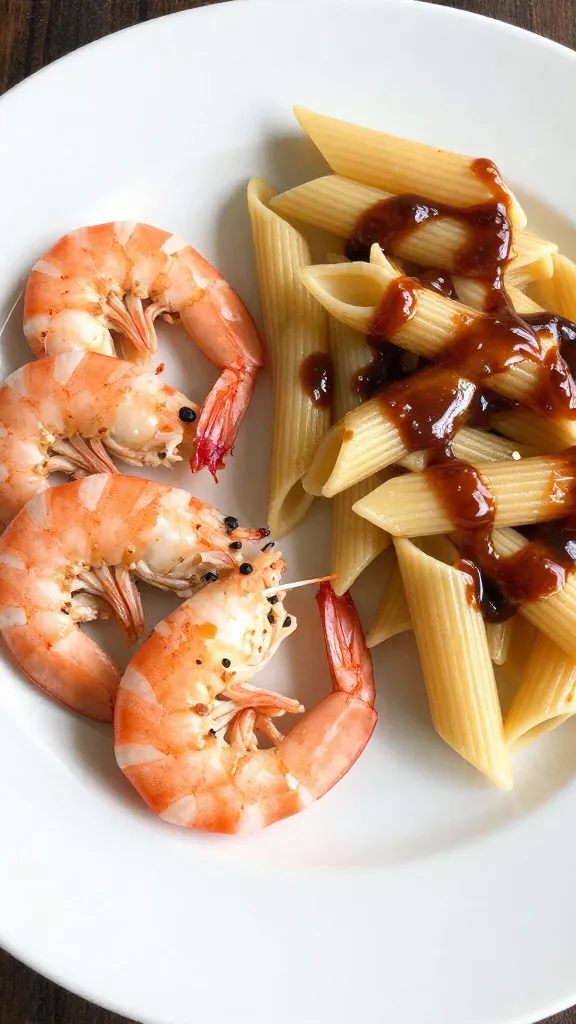 Leftover shrimp on white plate beside cooked penne and BBQ sauce