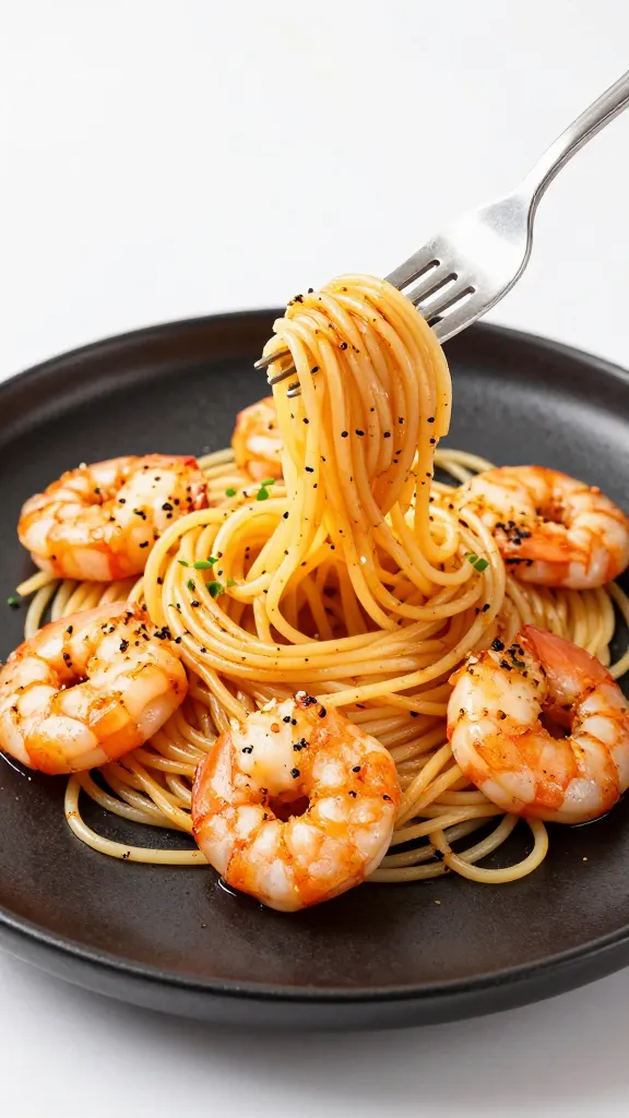 Fork twirl of BBQ shrimp linguine on matte black plate