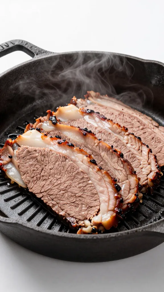 Sliced leftover brisket in cast-iron skillet with steam