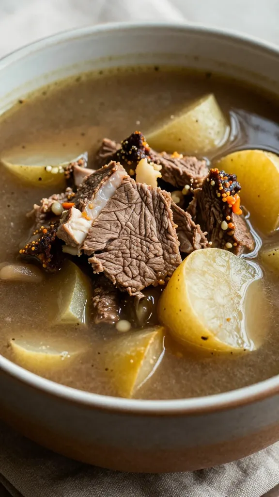 Brisket and root vegetable soup in rustic bowl