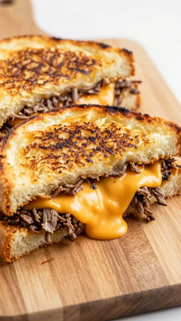 Brisket grilled cheese with melty cheddar on cutting board