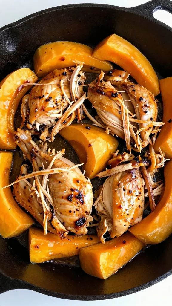 shredded rotisserie chicken and butternut skillet in cast-iron