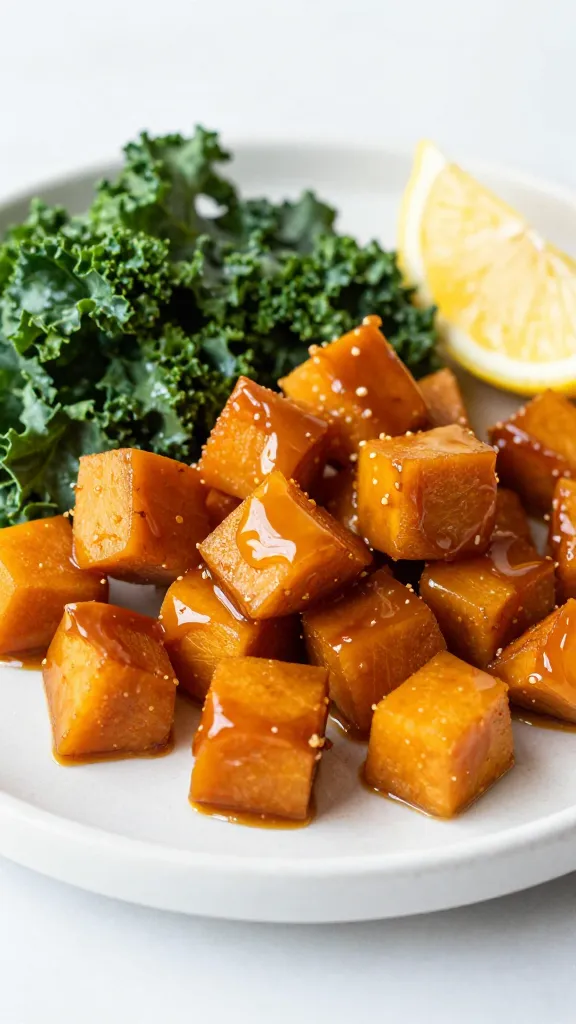 caramelized butternut cubes with kale, lemon wedge nearby