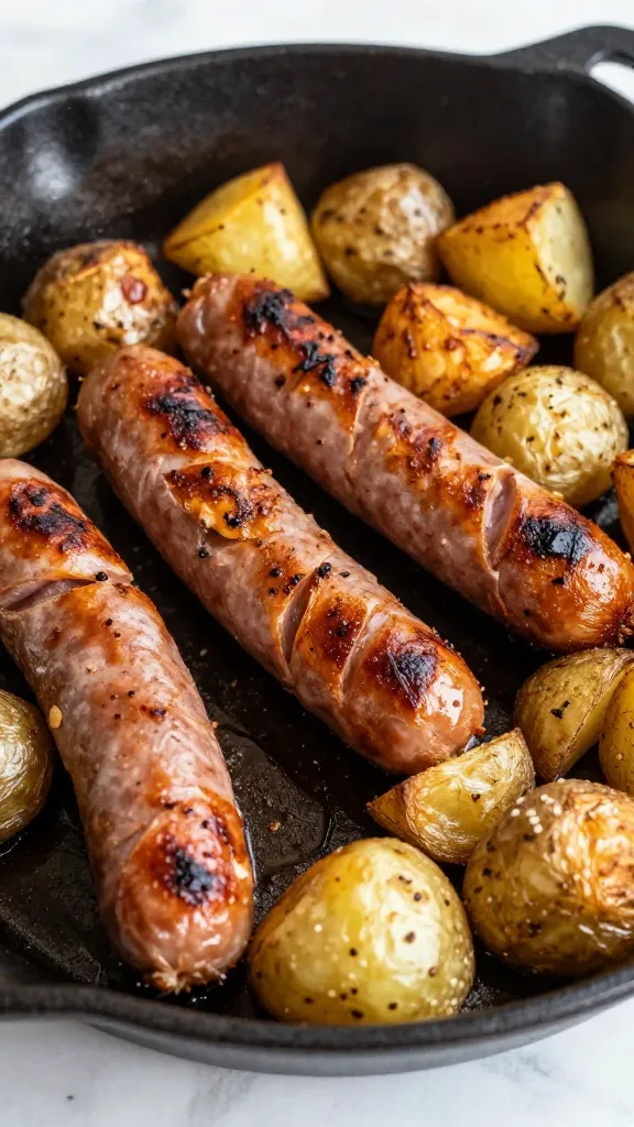 leftover grilled sausage slices with crispy baby potatoes skillet