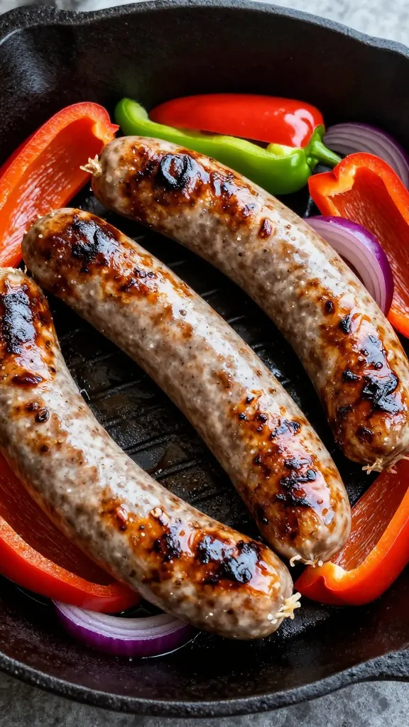 smoky sausage, bell peppers, and red onion in cast-iron
