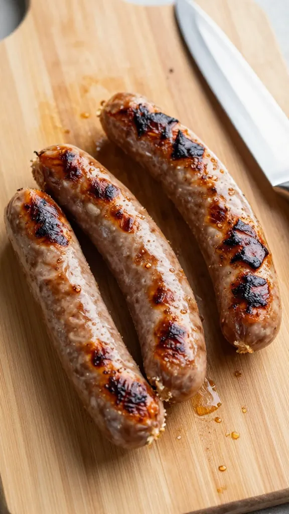 reheated grilled sausage links on cutting board, knife nearby