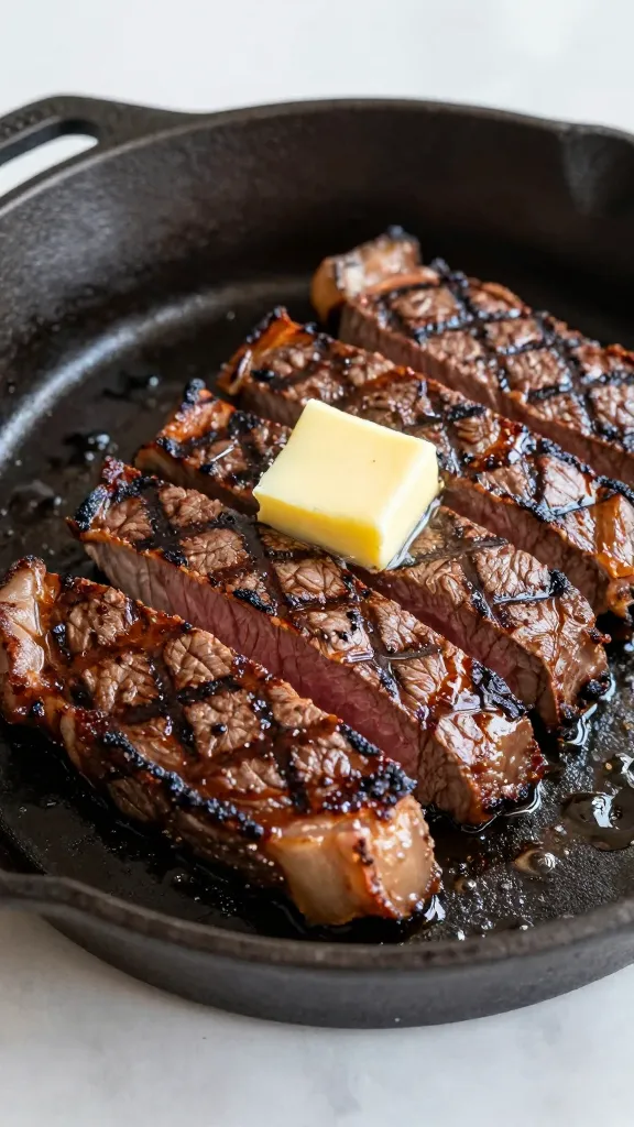 Sliced leftover grilled steak in cast-iron, sizzling with butter
