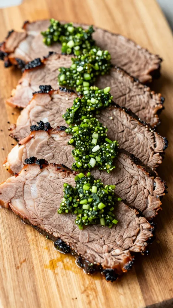 Thin brisket slices topped with chimichurri on wooden board
