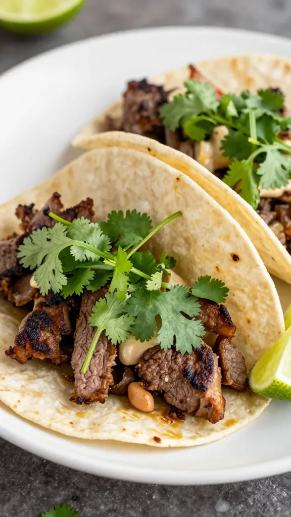 Reheated steak tacos with lime wedges and fresh cilantro