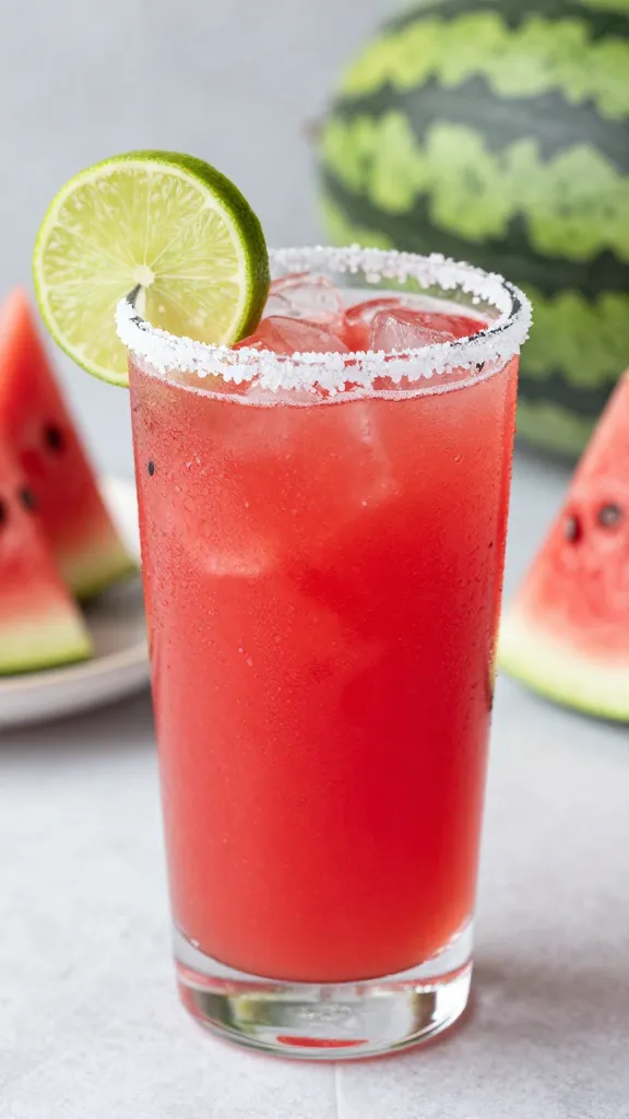 Watermelon agua fresca in clear glass with lime and salt