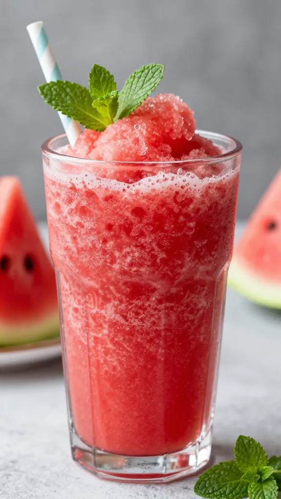 Frozen watermelon slushie with mint, condensation on glass