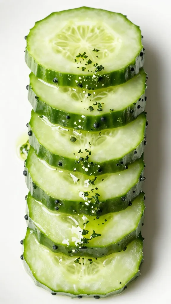 sliced leftover cucumbers with herbs and vinaigrette, overhead