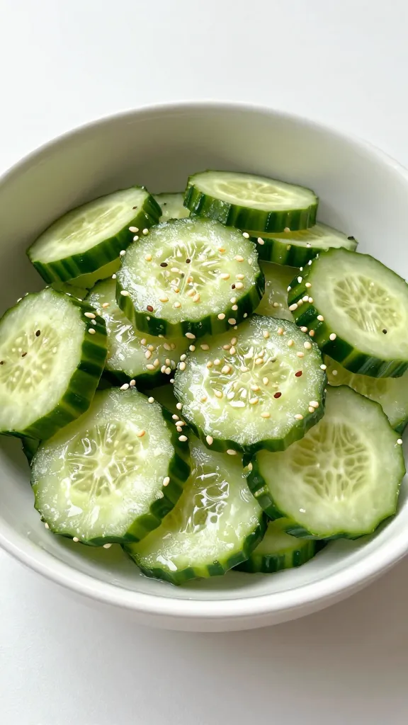 cucumber salad in white bowl, sesame seeds, natural light