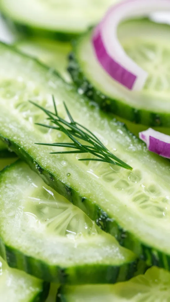 thin cucumber ribbons with dill and red onion, macro shot