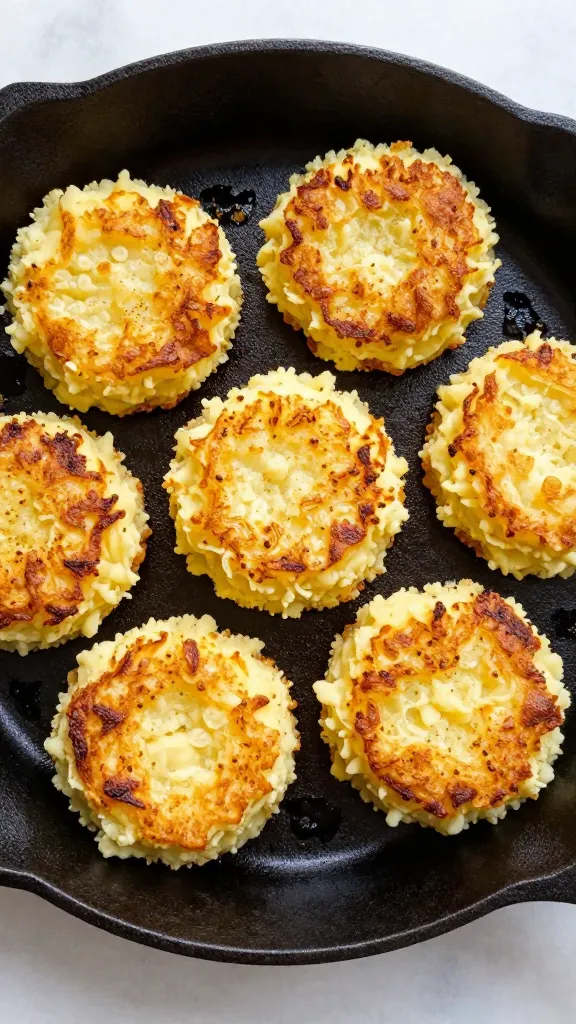 Crispy mashed potato cakes on cast-iron skillet, overhead