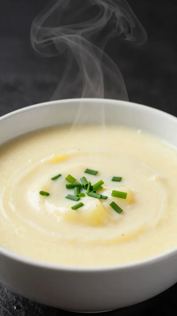 Creamy potato soup in white bowl with chives, steam rising