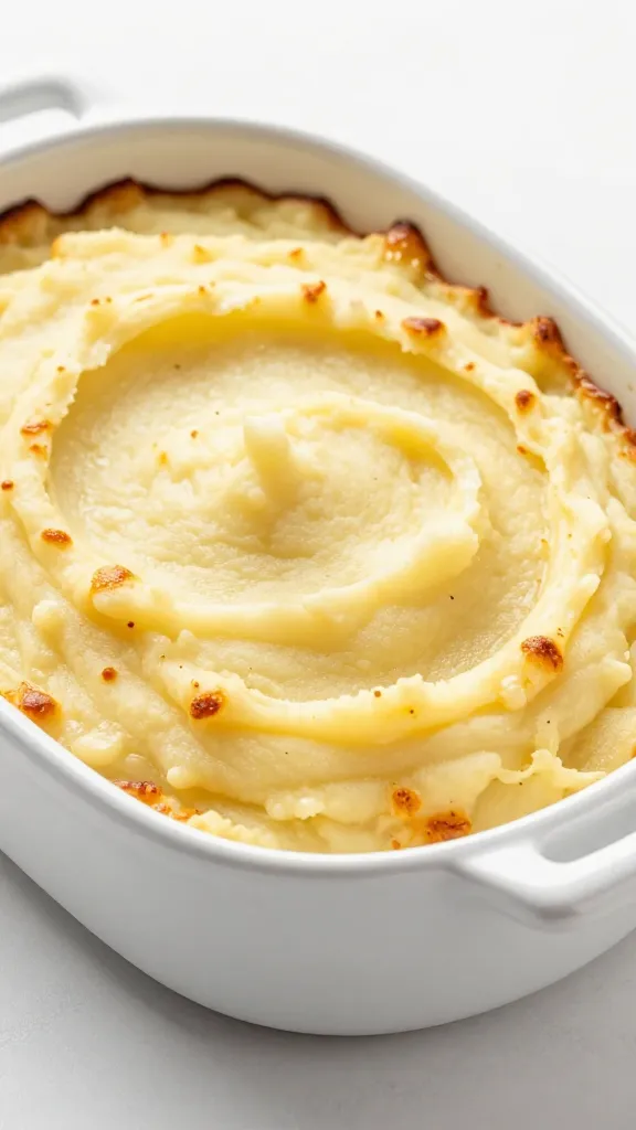 Cheesy mashed potato bake in enamel dish, golden crust