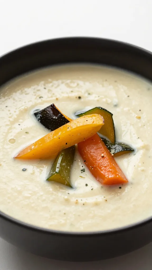 creamy roasted vegetable soup in matte black bowl