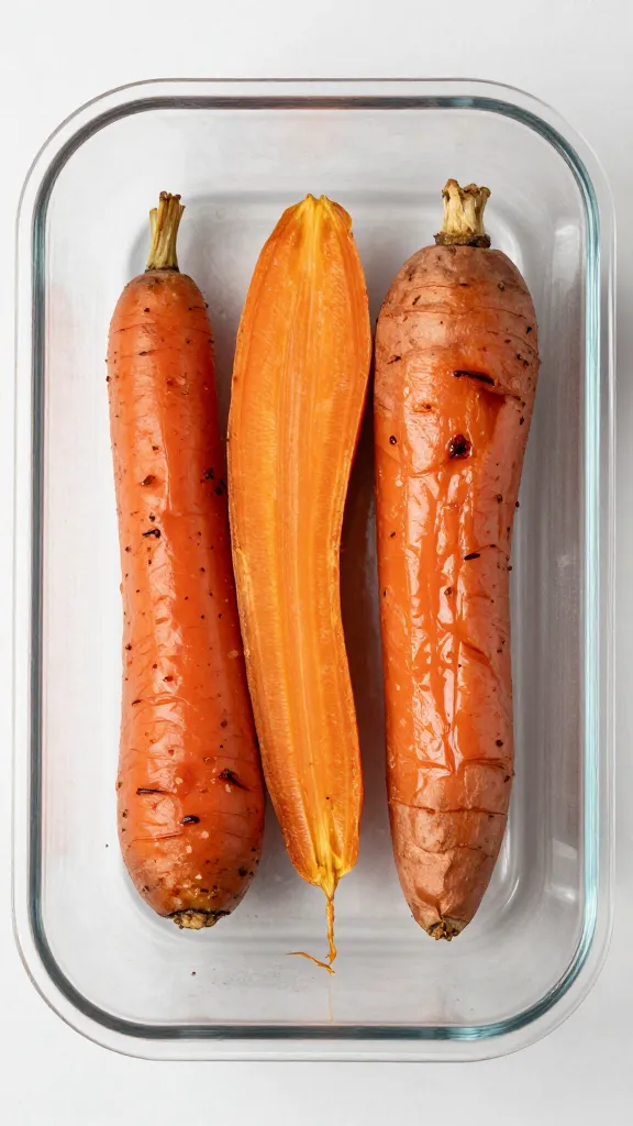 blender with roasted carrots and sweet potatoes, overhead shot
