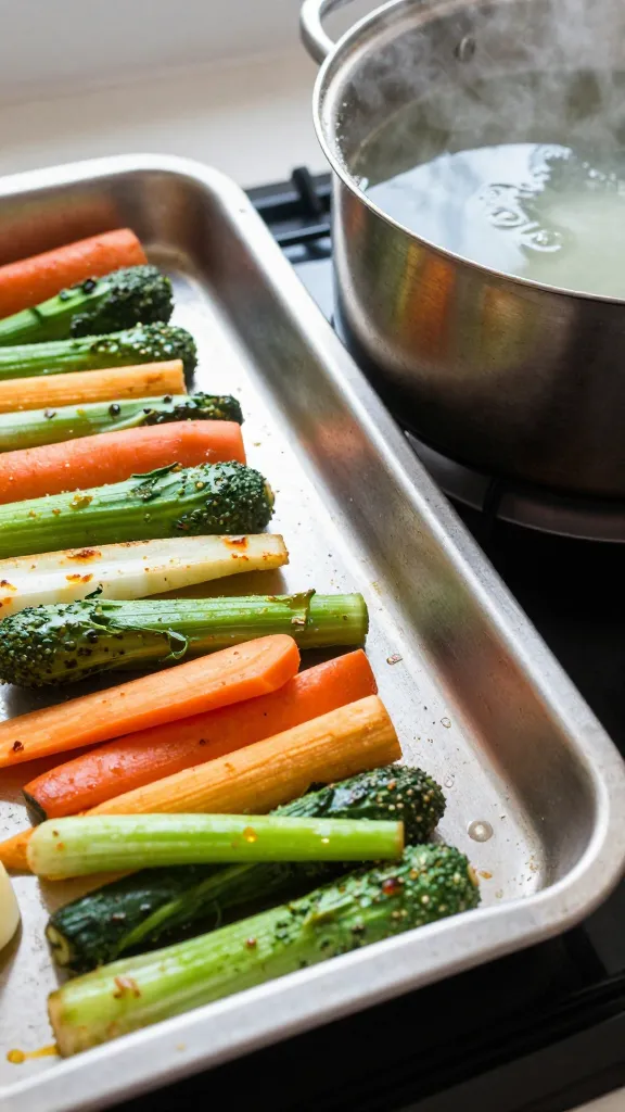 leftover sheet pan vegetables beside steaming soup pot