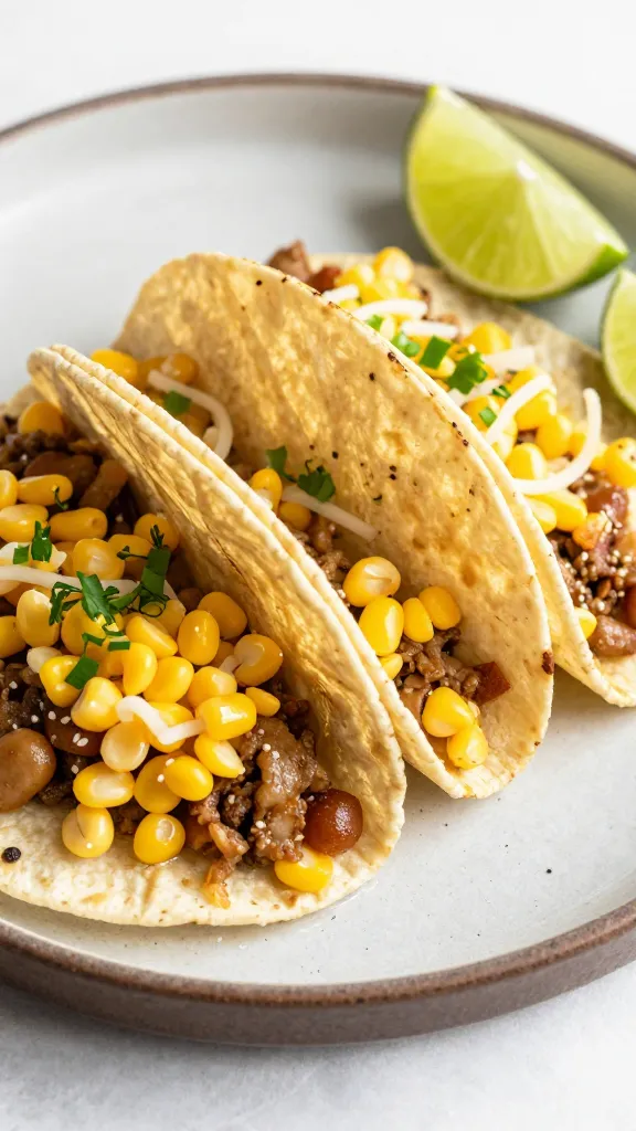 leftover corn tacos with lime wedges on rustic plate