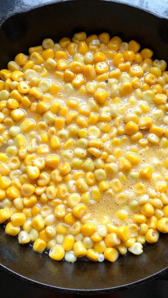 skillet corn and egg breakfast hash, cast-iron, overhead
