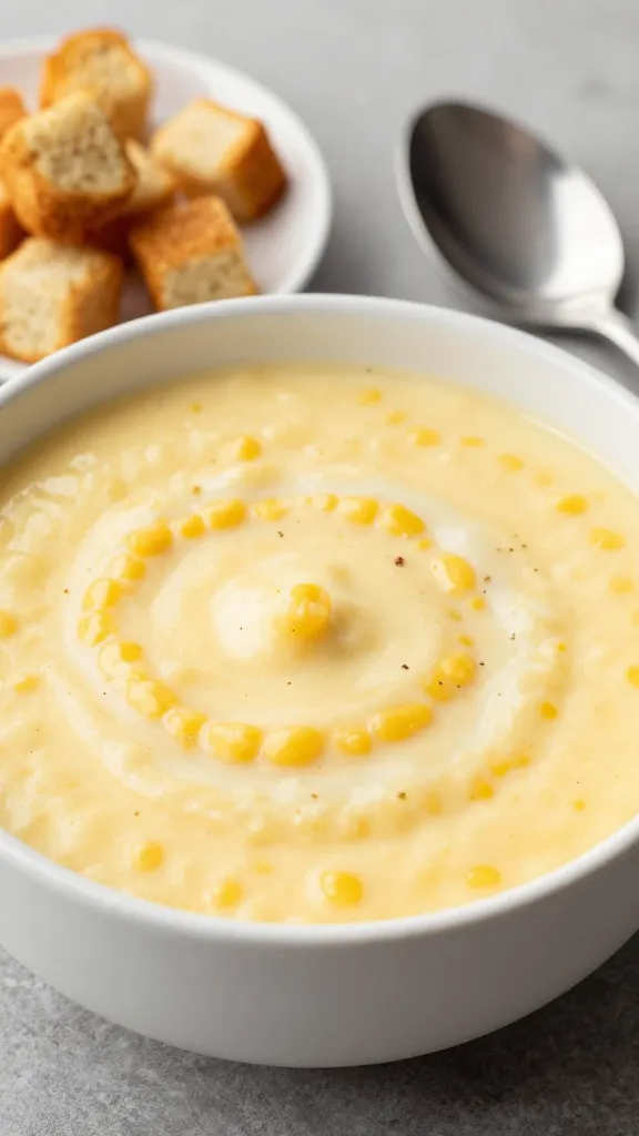 creamy corn chowder in white bowl, croutons, spoon nearby