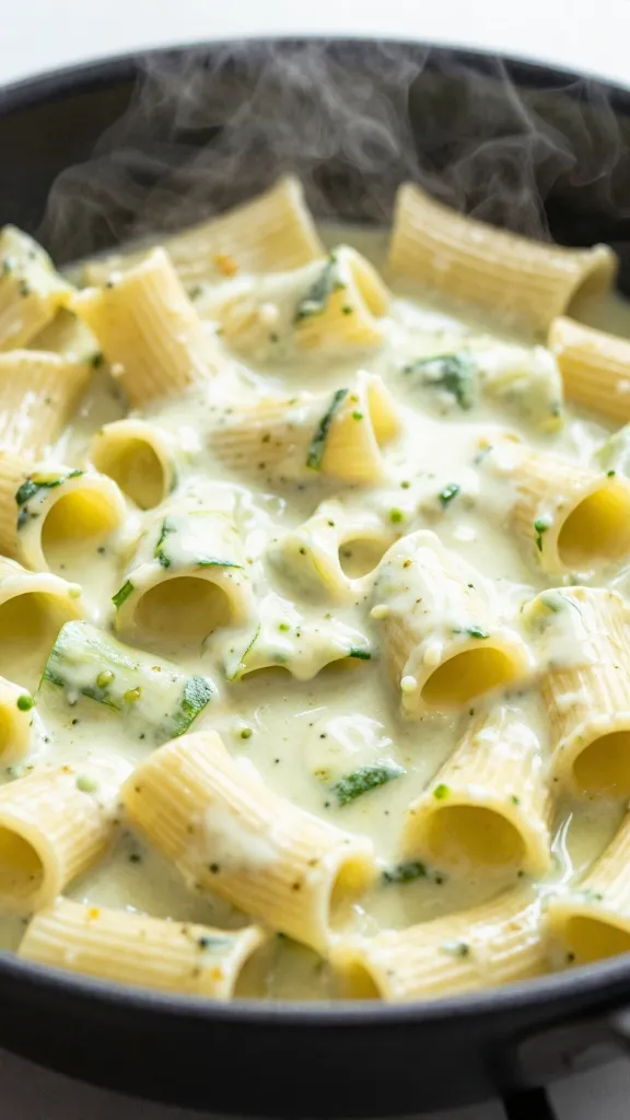 Creamy zucchini pasta in skillet, steam rising