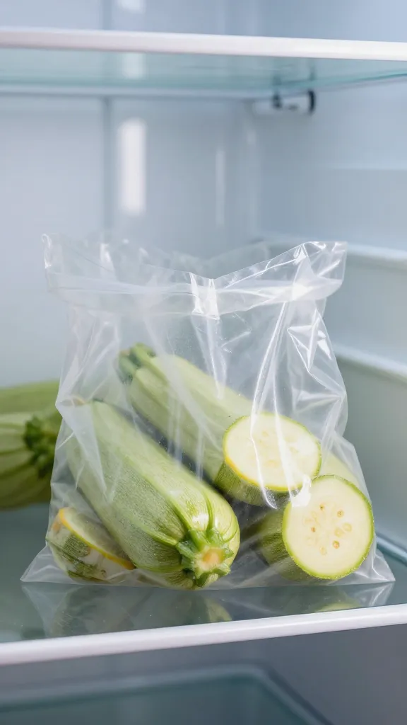 Leftover zucchini bag on fridge shelf, soft light