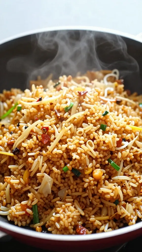 golden garlic fried rice in black skillet, steam rising