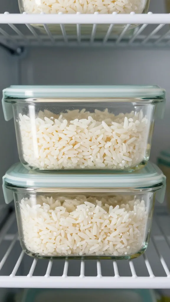 cold leftover rice in glass container, fridge shelf close-up