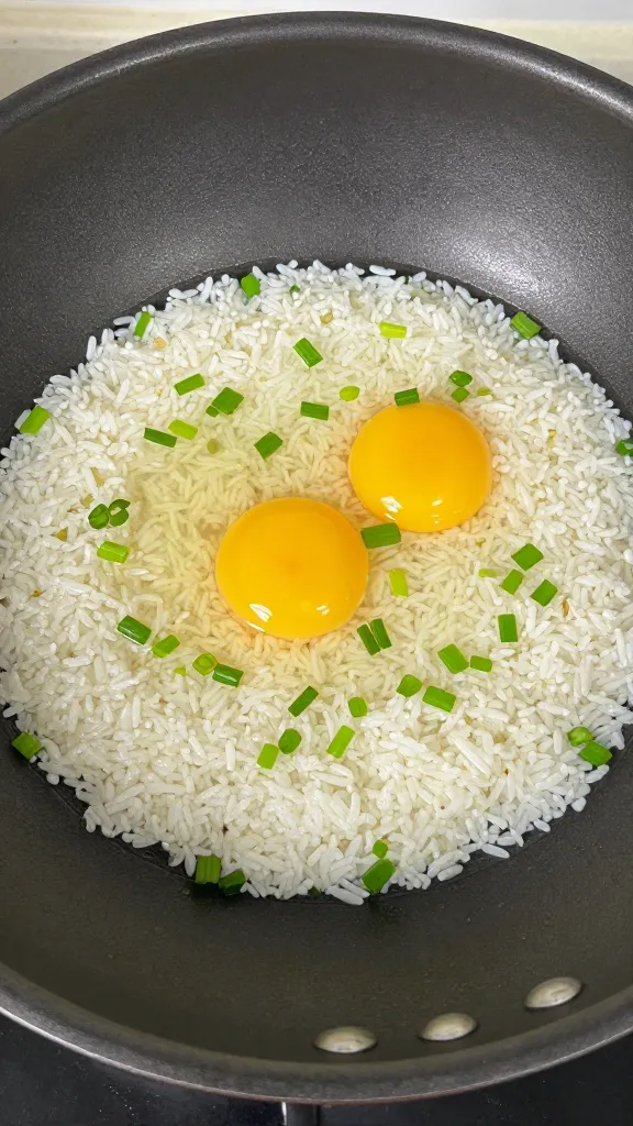 egg cracked into wok with rice and scallions