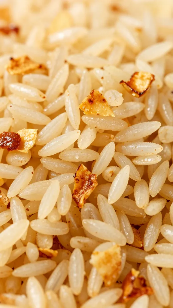 crispy rice grains with browned garlic chips, macro shot