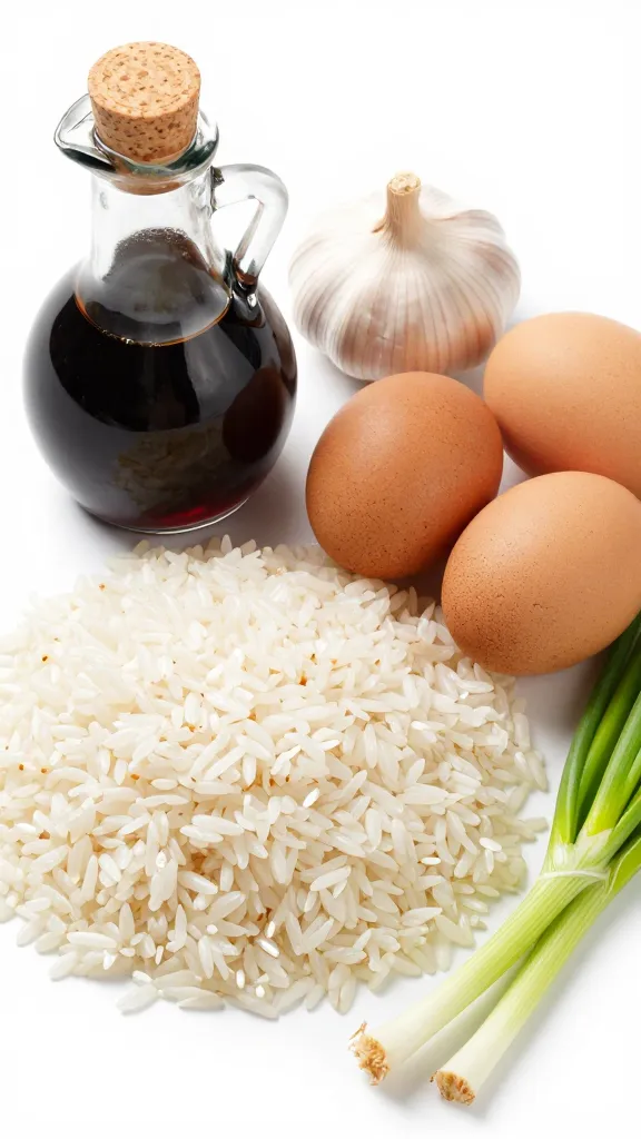 pantry staples beside rice: soy sauce, garlic, eggs, scallions