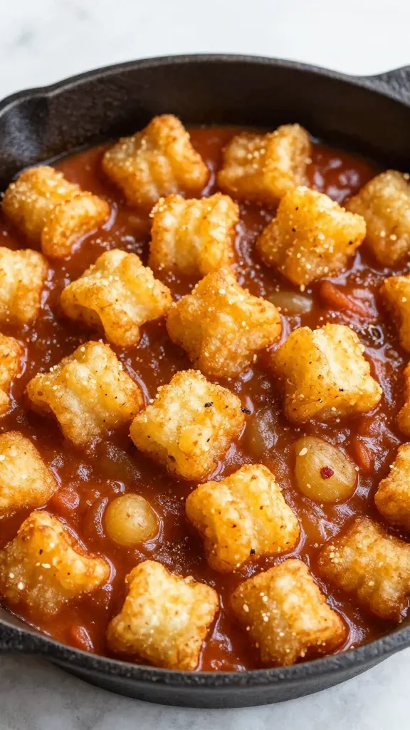 Cast-iron skillet chili topped with golden tater tots