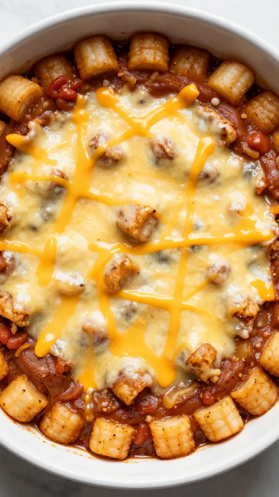 Overhead baked chili tot casserole with melted cheddar