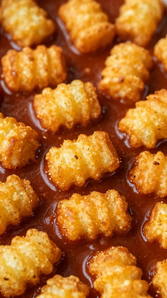 Close-up crispy tater tots over bubbling chili