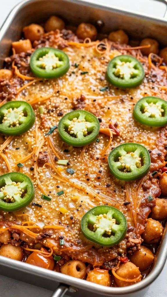 Sheet pan chili tot bake with jalapeño slices