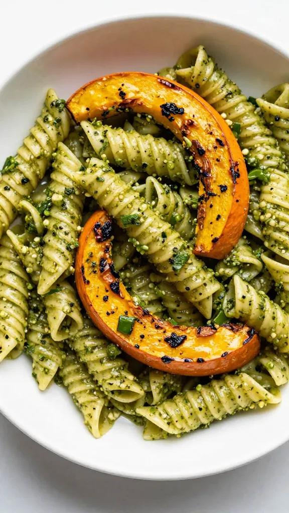 bowl of smoky grilled squash pesto pasta, overhead