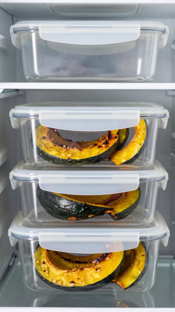 leftover grilled squash slices in airtight container, fridge shelf