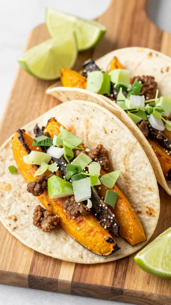 grilled squash tacos with lime wedges, wooden board