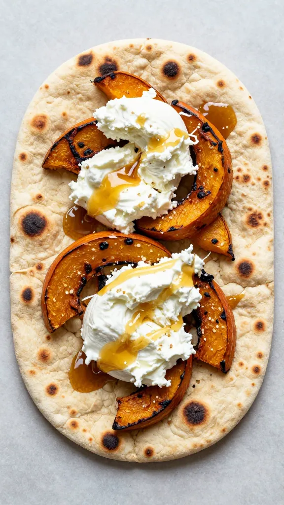 flatbread with charred squash, ricotta, honey drizzle