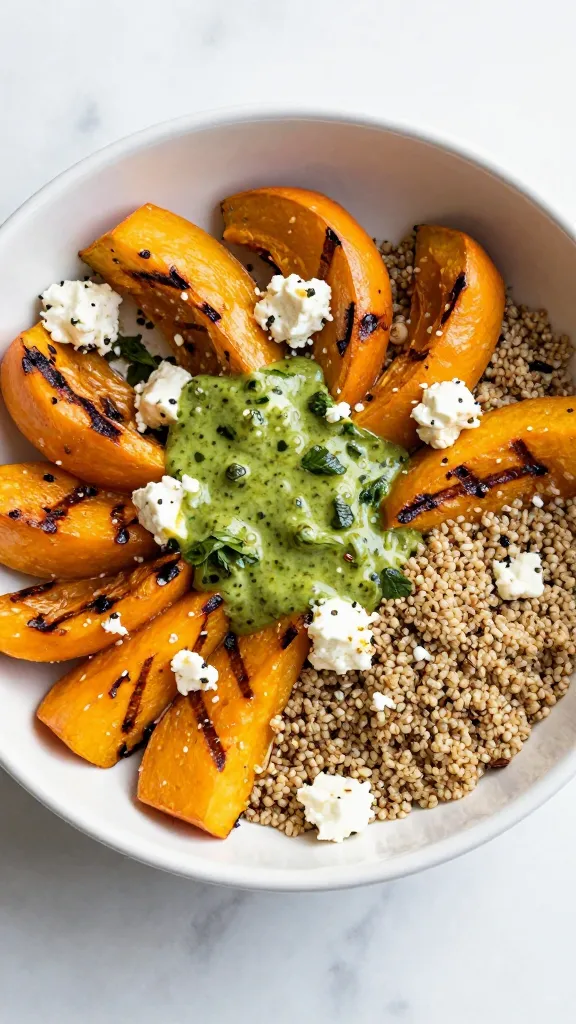 quinoa bowl with grilled squash, feta, herb vinaigrette