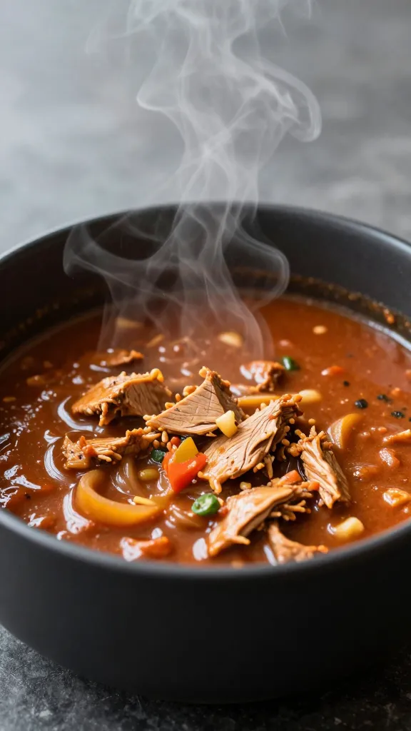 leftover turkey chili in matte black bowl, steam rising