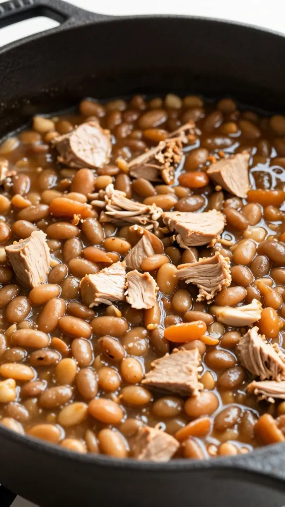 diced turkey and beans simmering in cast-iron pot